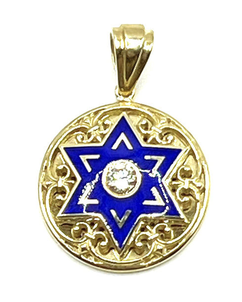 14K Gold & Diamond With Blue Enamel Star of David Necklace